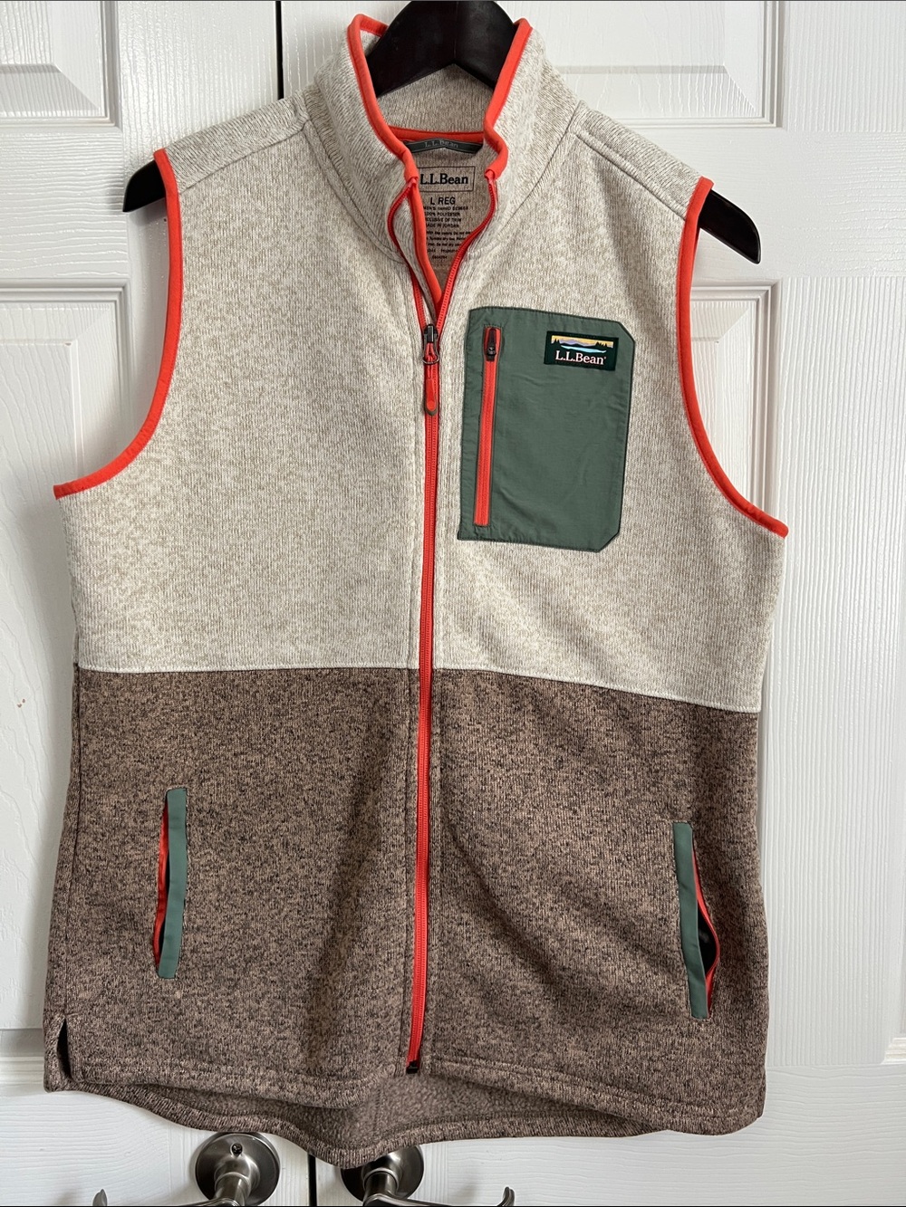 L.L. Bean Cream & Brown Colorblock Fleece Vest with Green Pocket